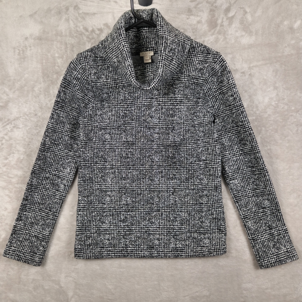 J Crew Sweater Glen Plaid Grey Fleece Womens XS Cowl Neck Preppy Minimalist